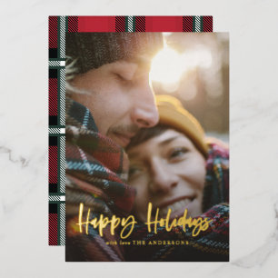 Gold script happy holidays red tartan photo foil holiday card