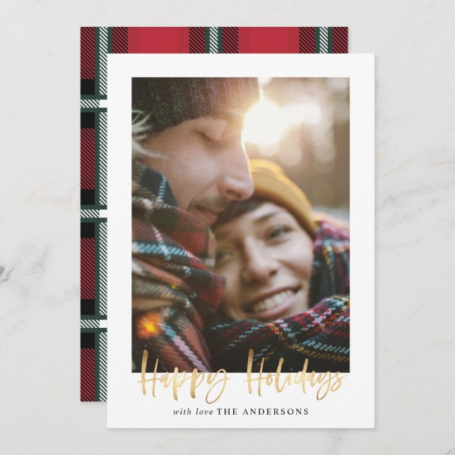 Gold script happy holidays red tartan photo holiday card (Front/Back)