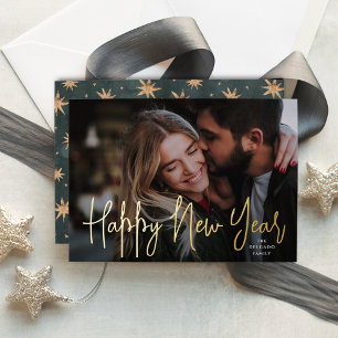 Gold Script Happy New Year Photo Foil Holiday Card