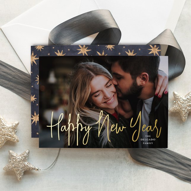 Gold Script Happy New Year Photo Foil Holiday Card (Creator Uploaded)