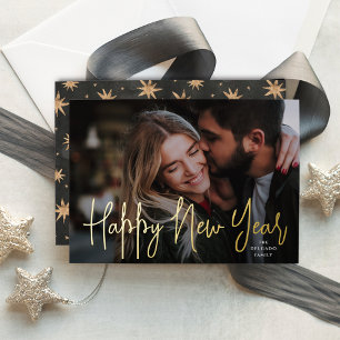 Gold Script Happy New Year Photo Foil Holiday Card