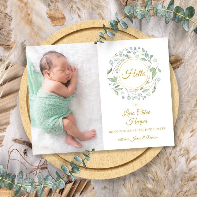 Gold Script Hello Photo Greenery Floral Birth  Announcement Postcard (Gold Script Hello Photo Greenery Floral Birth Announcement Postcard)