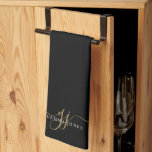 Gold Script Initials Monogram Minimalist Black Tea Towel<br><div class="desc">A chic modern stylish gold white monogram on black kitchen towel,  with a dramatic script initial with swashes and your full name in a modern serif type,  post it notes. Simple elegance.</div>