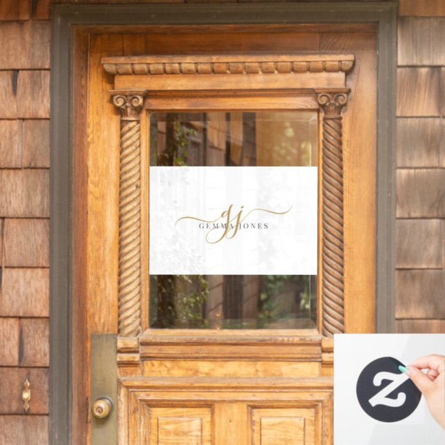 Gold Script Initials Monogram Minimalist White Window Cling (Home Door)