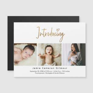 Gold Script Introducing Baby Custom 3 photo Magnetic Invitation