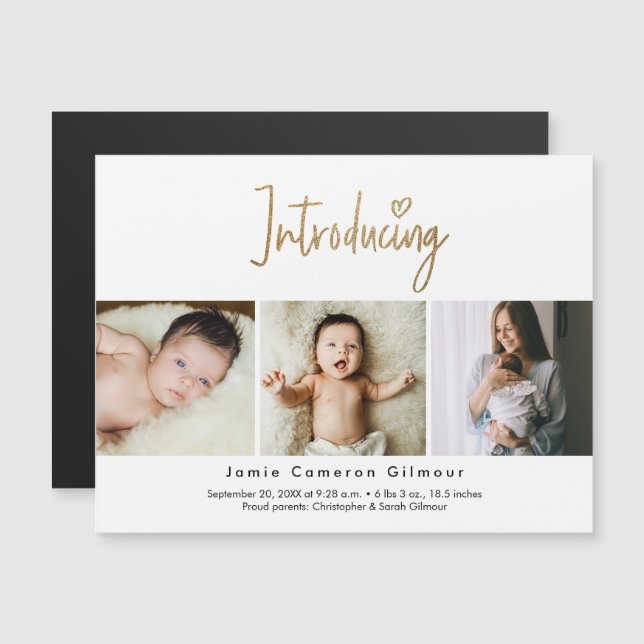 Gold Script Introducing Baby Custom 3 photo Magnetic Invitation (Front/Back)