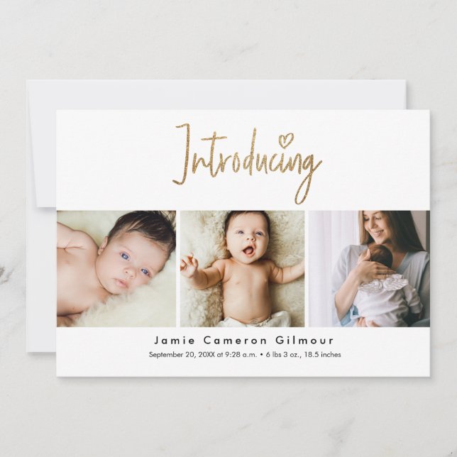 Gold Script Introducing Custom 3 photo Baby Thank You Card (Front)