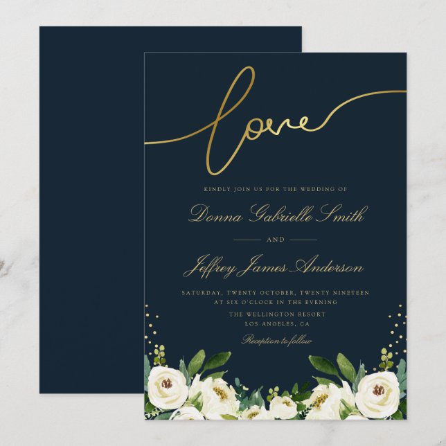 gold script ivory white garden floral navy wedding invitation (Front/Back)