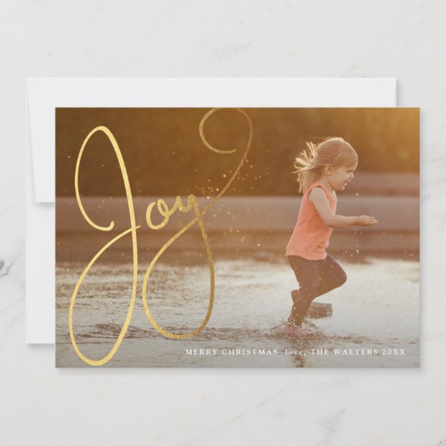 Gold Script Joy Photo Holiday Card (Front)
