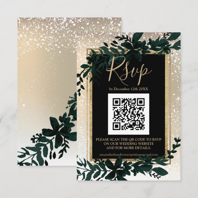 gold script leaf snow elegant winter QR RSVP  Card (Front/Back)
