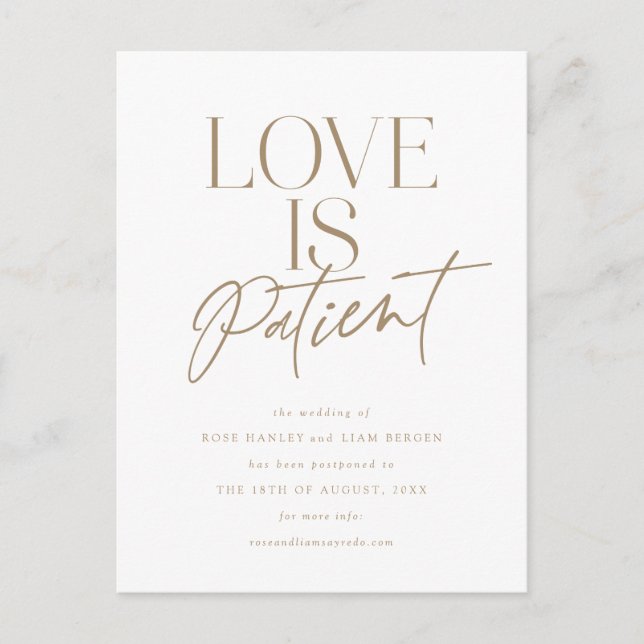 Gold Script Love Wedding Postponed Change the Date Postcard (Front)