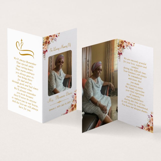 Gold Script Memorial Photo Folder Prayer Card (Inside and Outside)