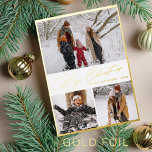 Gold script Merry Christmas 3 photo collage  Foil Holiday Card<br><div class="desc">Simple luxury elegant gold foil frame and white 3 family photos chic hand lettered Merry Christmas calligraphy script holiday card template with text message.              Easy to personalise with your pictures and text on both sides.</div>