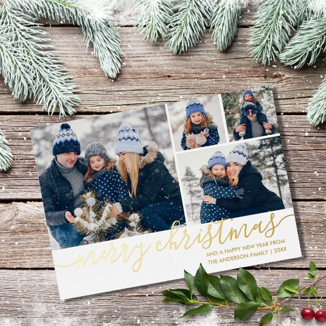 Gold Script Merry Christmas 4 Photo Gold Foil Holiday Card (Creator Uploaded)