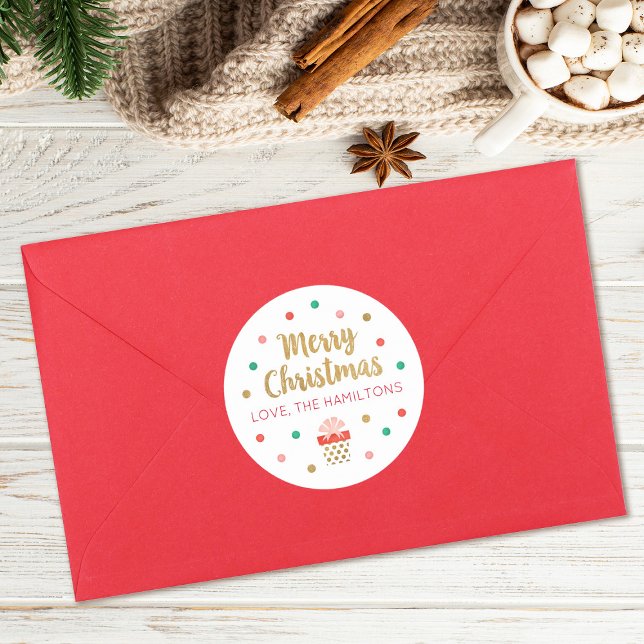 Gold Script Merry Christmas Classic Round Sticker (A cute Merry Christmas sticker, great for gifts and envelope seals)