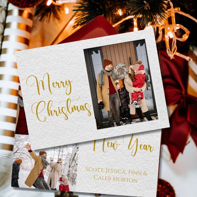 Gold Script Merry Christmas Family Photo Card (Creator Uploaded)
