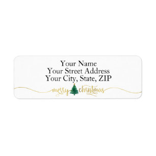 Gold Script MERRY CHRISTMAS Green Watercolor Tree