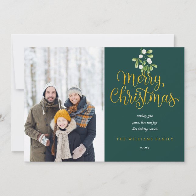 Gold Script Merry Christmas Mistletoe 2 Photo Holiday Card (Front)