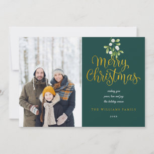 Gold Script Merry Christmas Mistletoe 2 Photo Holiday Card
