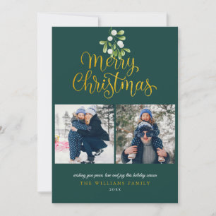 Gold Script Merry Christmas Mistletoe 3 Photo Holiday Card
