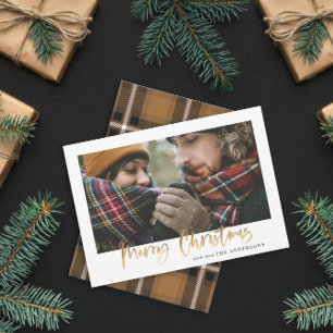 Gold script merry christmas mustard tartan 1 photo holiday card