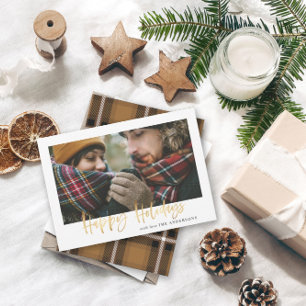 Gold script merry christmas mustard tartan 1 photo holiday card