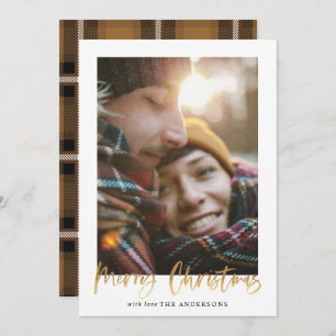 Gold script merry christmas mustard tartan photo holiday card