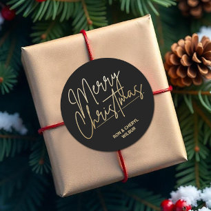 Gold Script Merry Christmas on Black Classic Round Sticker