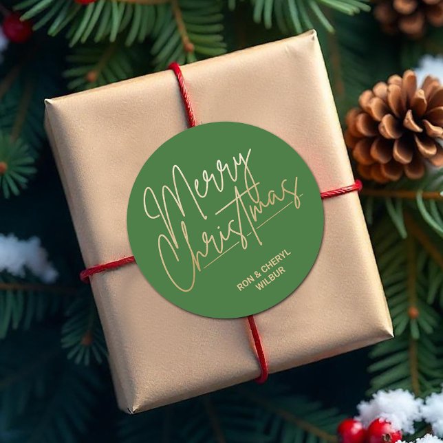 Gold Script Merry Christmas on Green Classic Round Sticker (Merry Christmas in gold script on green 3" round stickers)