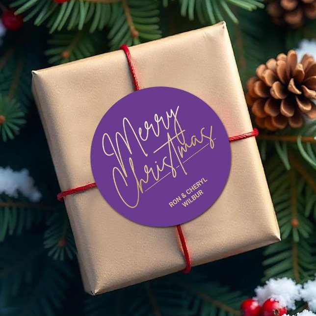 Gold Script Merry Christmas on Purple Classic Round Sticker (Merry Christmas in gold script on purple 3" round stickers)