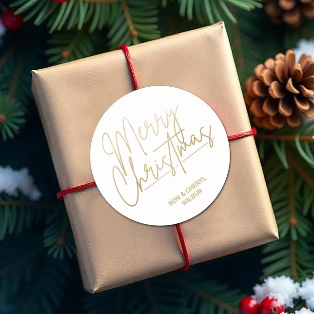 Gold Script Merry Christmas on White Classic Round Sticker (Merry Christmas in gold script on White 3" Round Stickers)