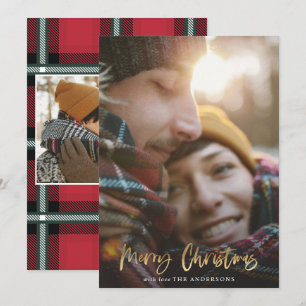 Gold script merry christmas red tartan 2 photo hol holiday card