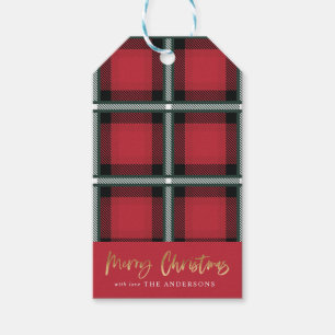 Gold script merry christmas red tartan gift tags