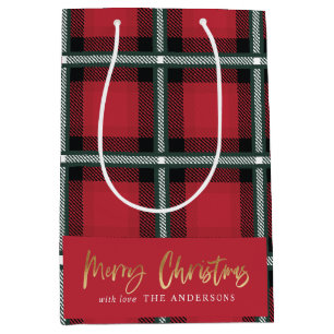 Gold script merry christmas red tartan holiday  medium gift bag