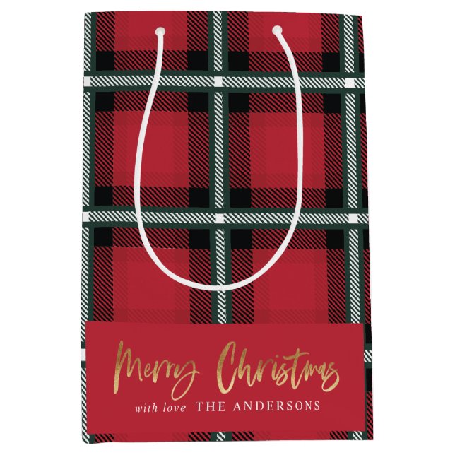 Gold script merry christmas red tartan holiday  medium gift bag (Front)