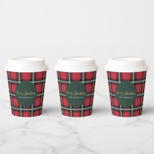 Gold script merry christmas red tartan holiday  pa paper cups