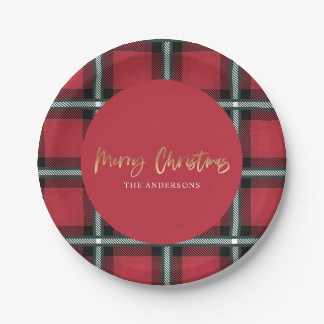 Gold script merry christmas red tartan paper plate (Front)