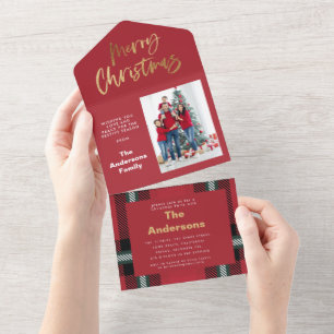 Gold script merry christmas red tartan photo all i in one invitation