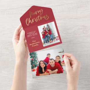 Gold script merry christmas red tartan photo all in one invitation