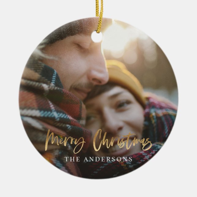 Gold script merry christmas red tartan photo ceramic tree decoration (Front)