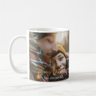 Gold script merry christmas red tartan photo coffee mug