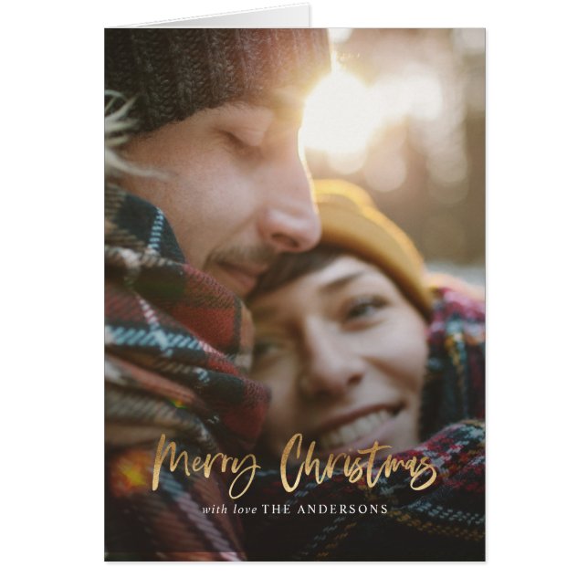 Gold script merry christmas red tartan photo holid (Front)