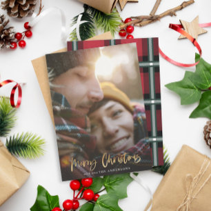 Gold script merry christmas red tartan photo holiday card