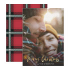 Gold script merry christmas red tartan photo