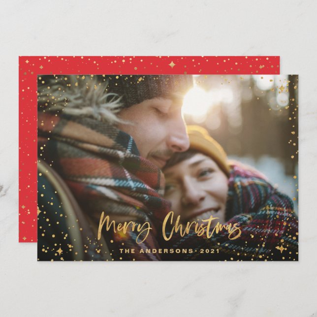 Gold script merry Christmas stars 1 photo elegant Holiday Card (Front/Back)
