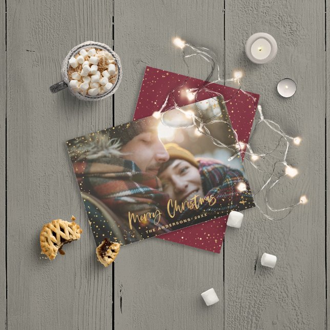 Gold script merry Christmas stars 1 photo elegant Holiday Card (Creator Uploaded)