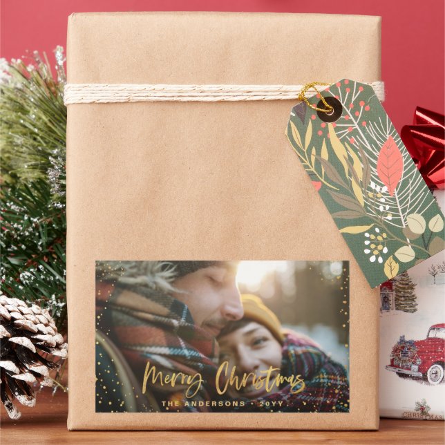Gold script merry Christmas stars photo elegant Rectangular Sticker (Holiday)