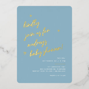 Gold Script   Modern Light Blue Boy Baby Shower