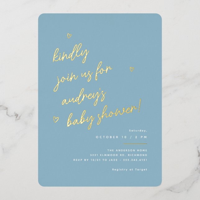 Gold Script | Modern Light Blue Boy Baby Shower (Front)