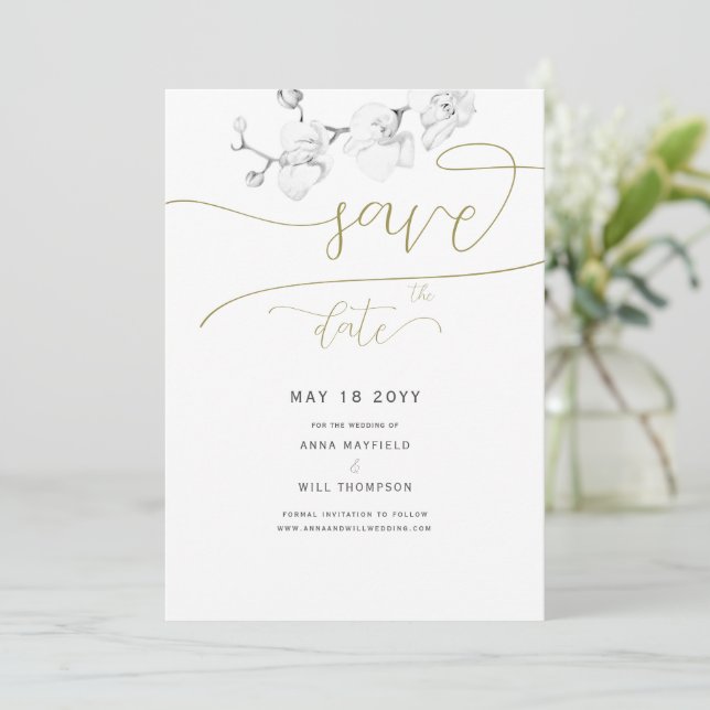 Gold Script Modern Orchid Wedding Save the Date Invitation (Standing Front)